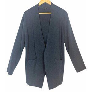 Eileen Fisher Merino Wool Open Front Cardigan L Teal Green Luxury Classic Qualit